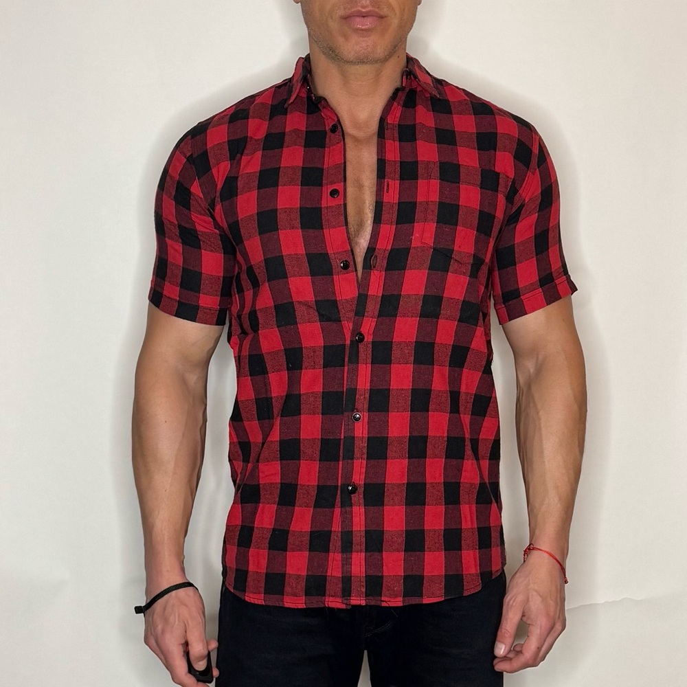 Kill City Men's Red and Black Checkered Flannel Short Sleeve Shirt